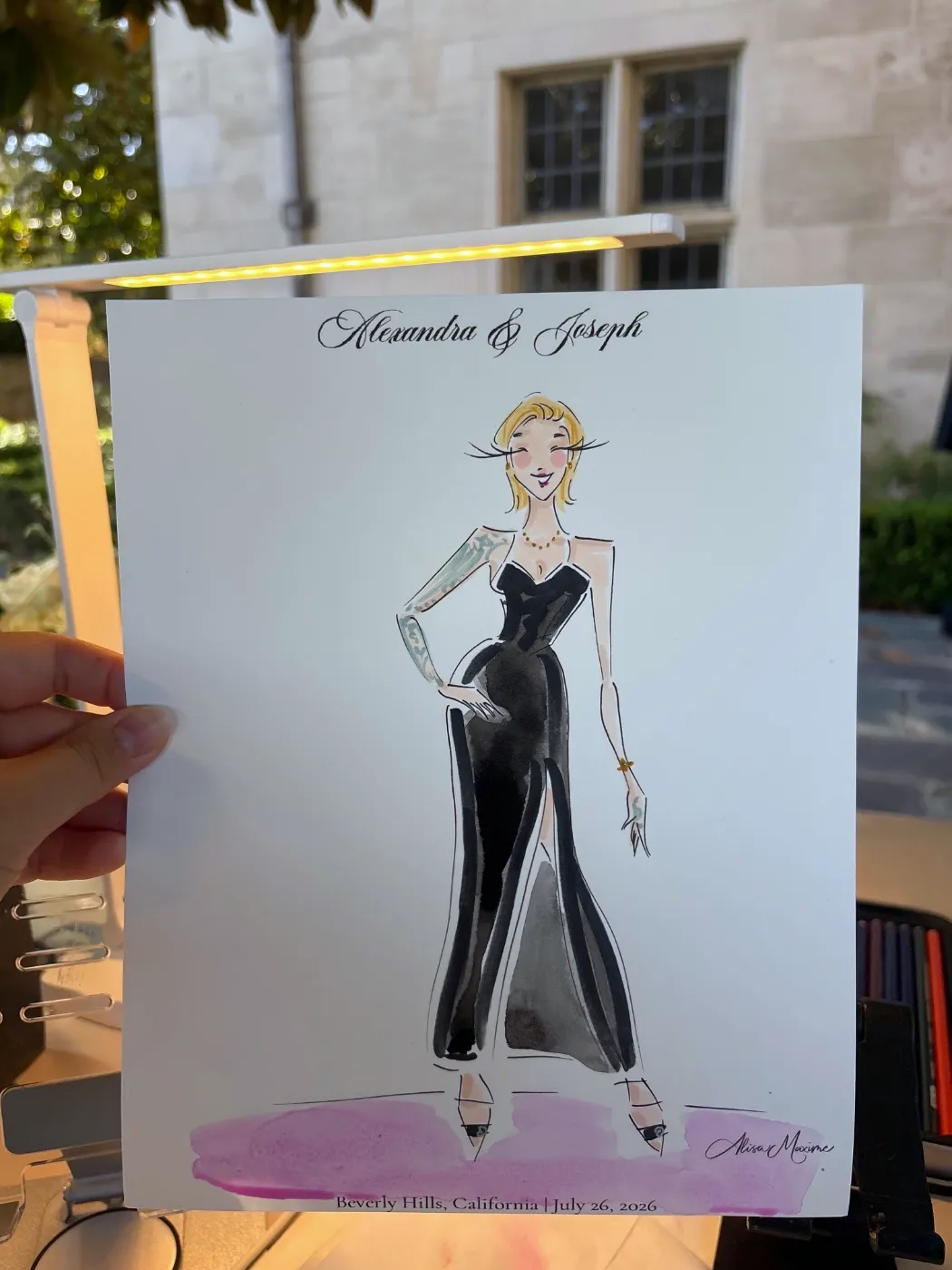 Live fashion sketch 2 from Wedding at Greystone Mansion, Beverly Hills