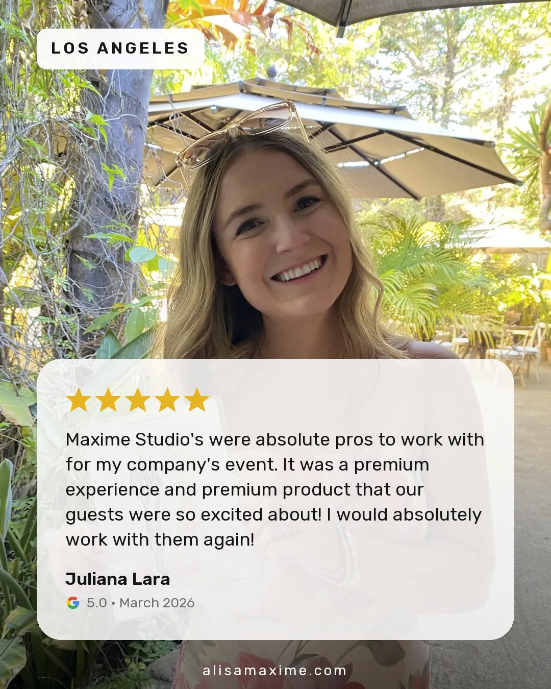 Juliana Lara's Google review, on a photo from one of our events