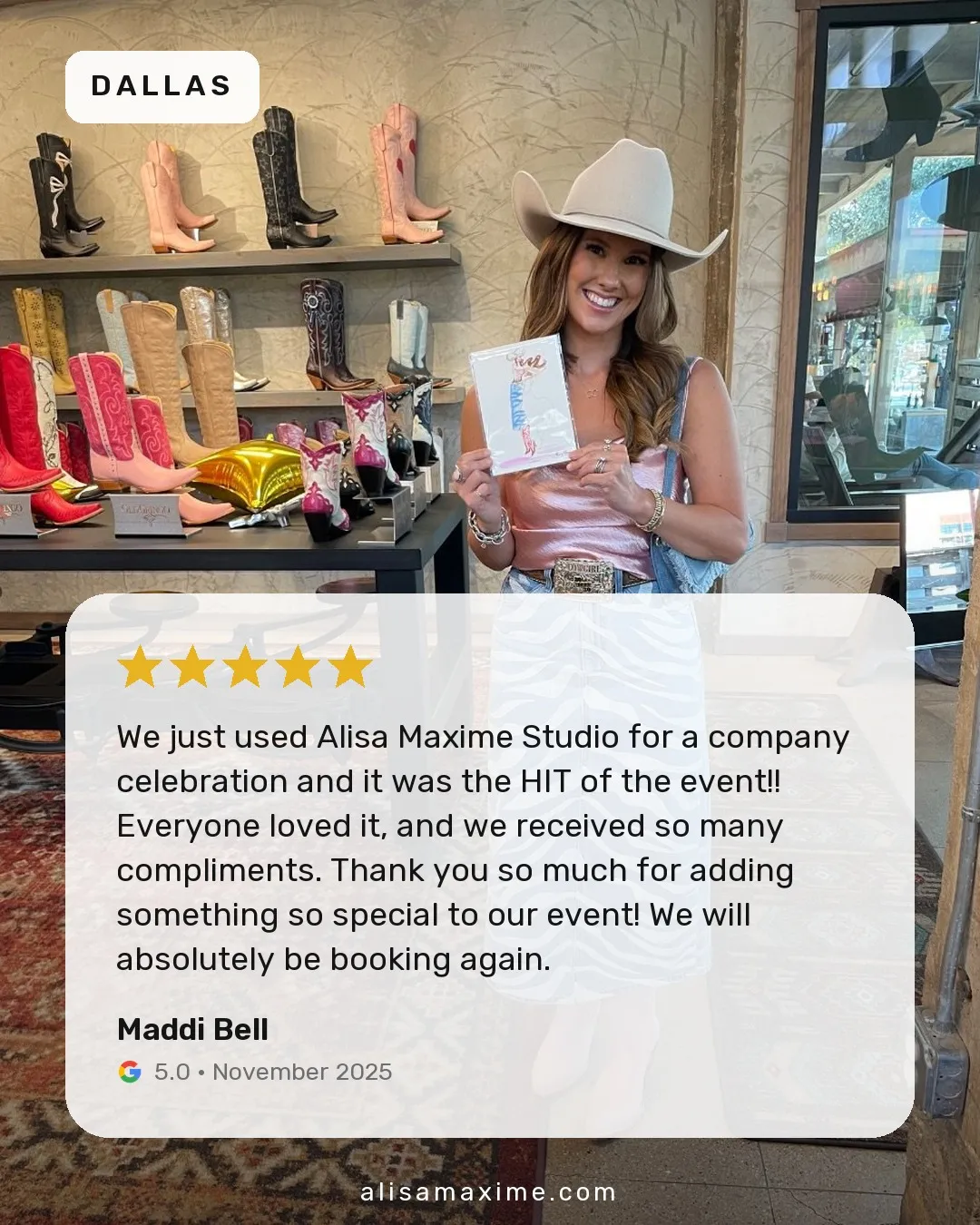 Maddi Bell's Google review, on a photo from one of our events